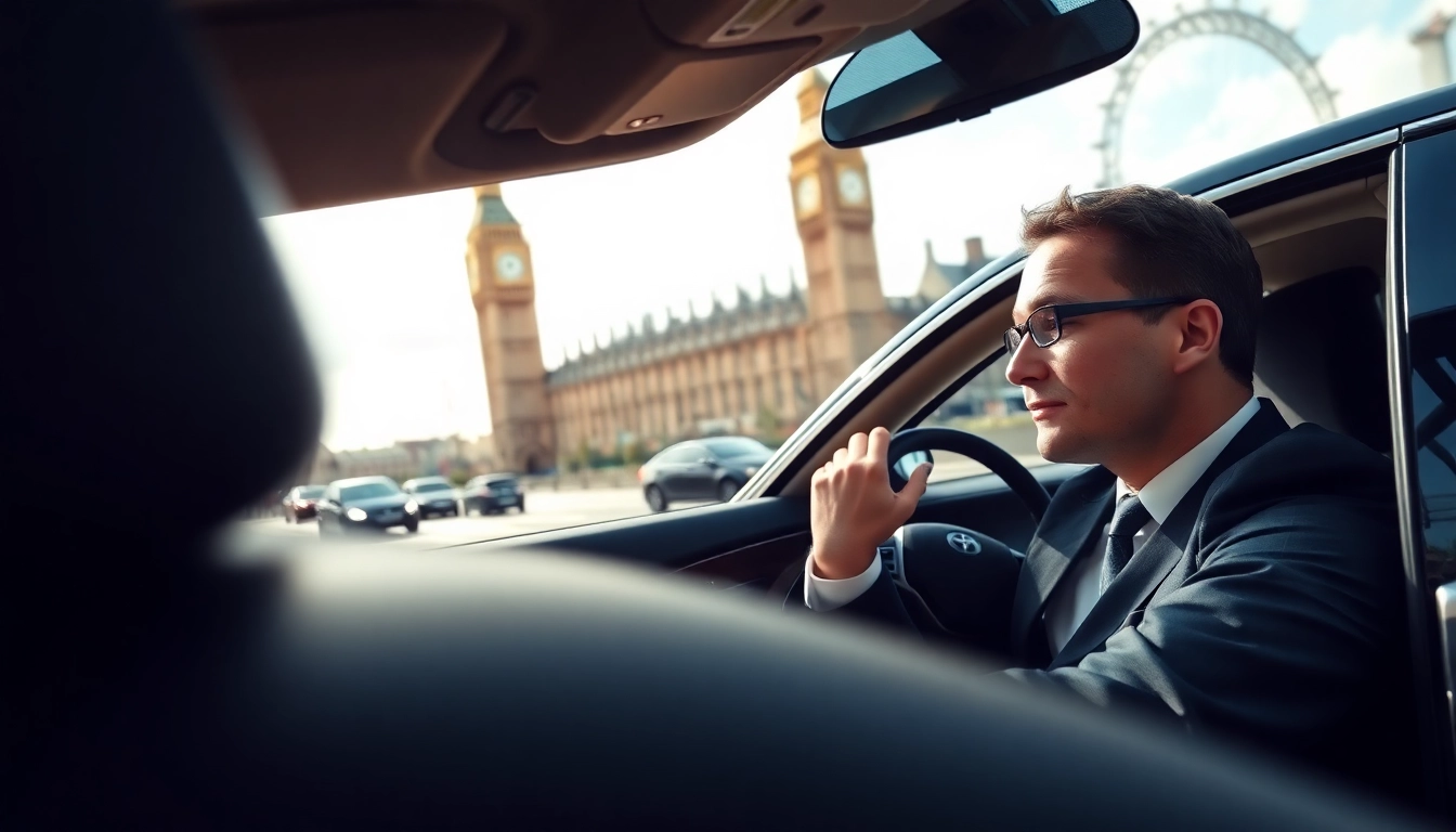 Experience luxury chauffeur service London with a professional driver in a sleek black car amidst iconic London landmarks.