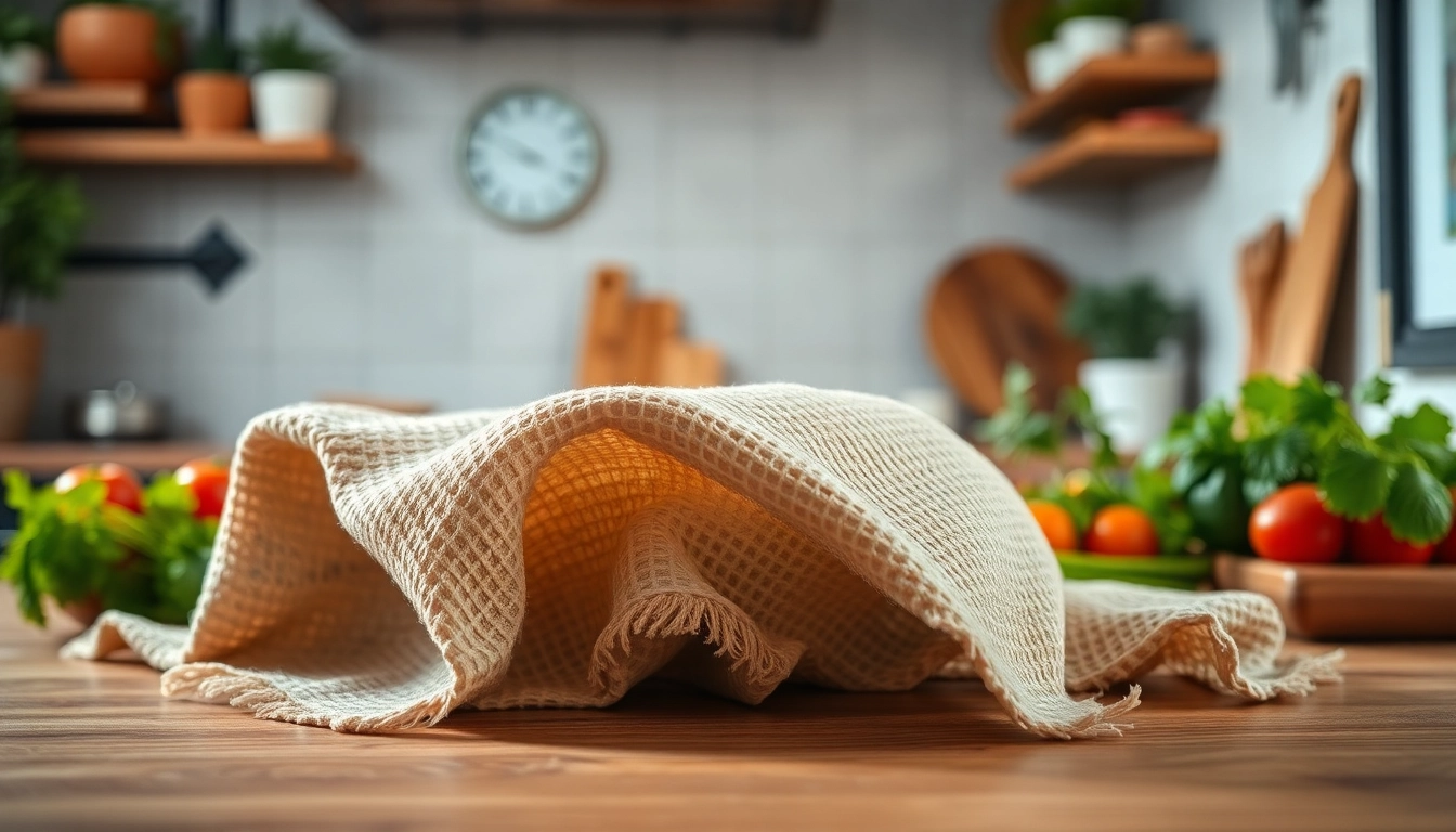 Kaasdoek op een houten aanrecht met verse ingrediënten in een professionele keuken.