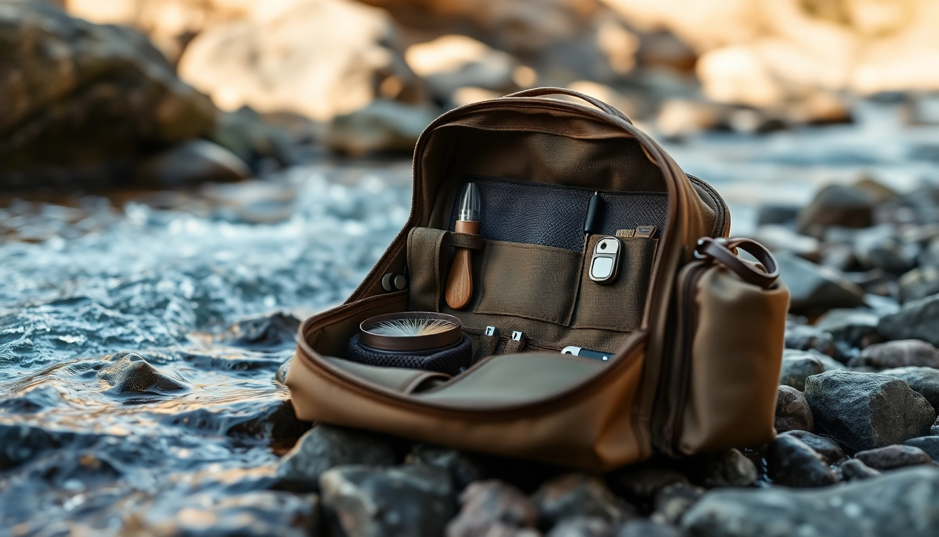 Showcase a fly fishing bag showcasing its features on a riverbank environment.