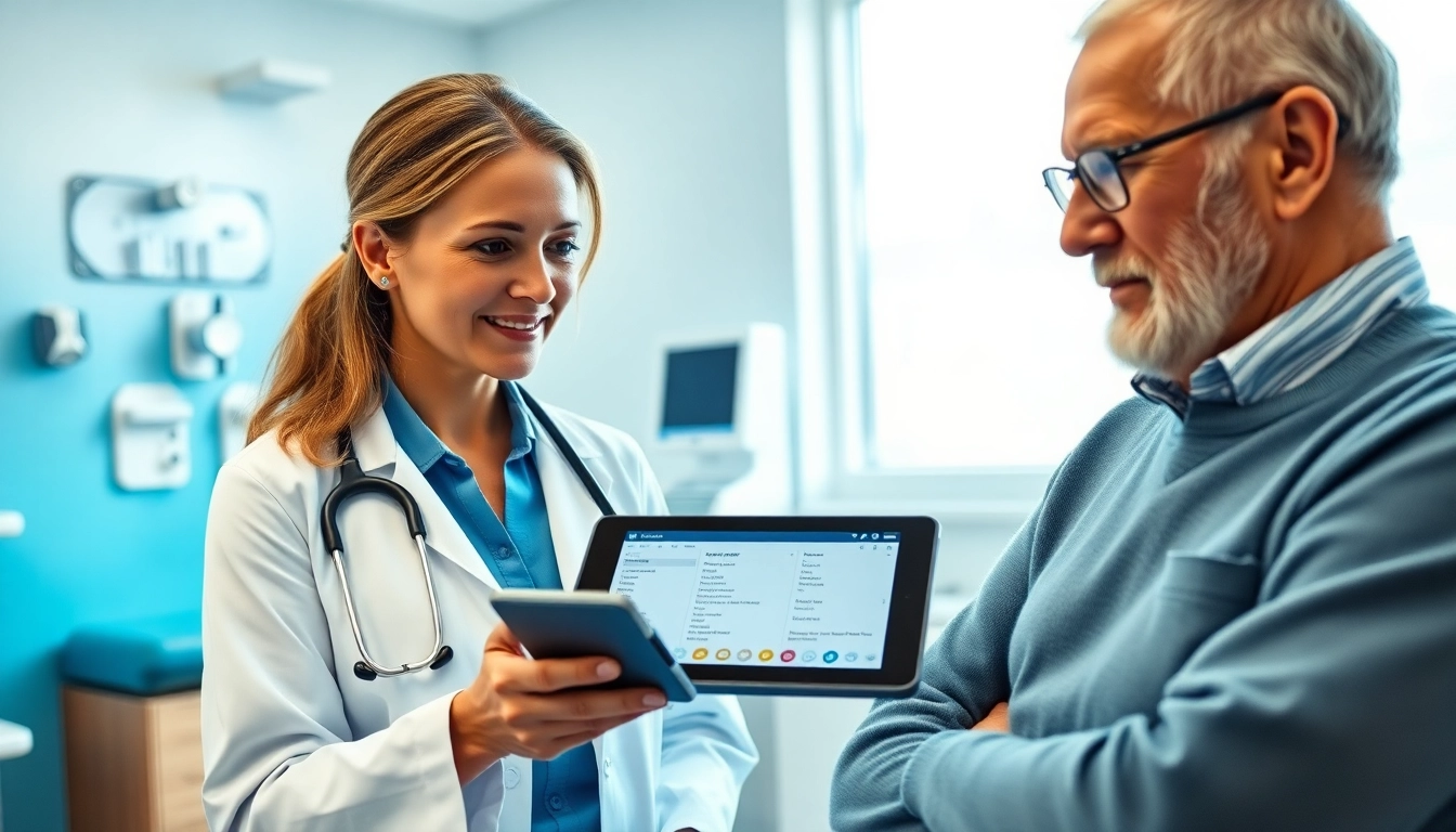 Facilitating patient care by integrating eprescribing systems, a doctor shows a prescription on a tablet in a modern clinic.